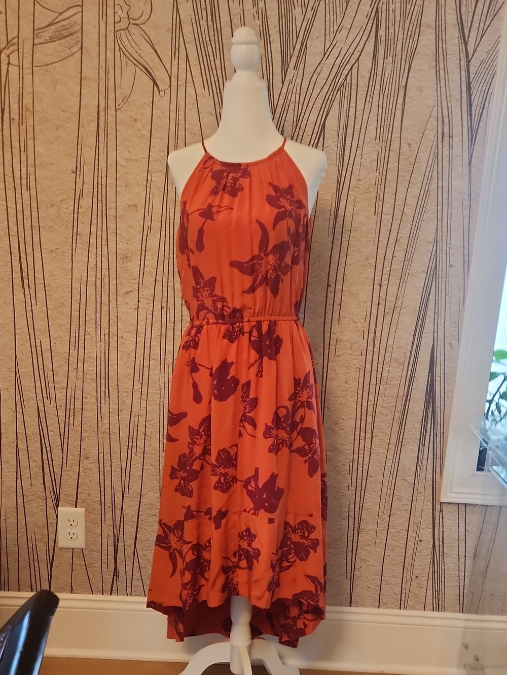 Banana Republic Silk Orange Halter High-Low Dress with Plum Floral